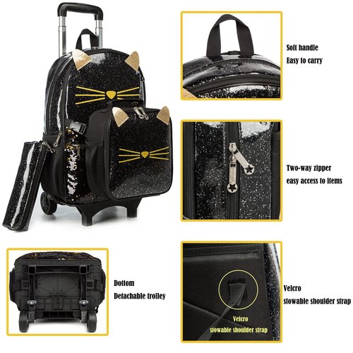 Egchescebo Cat School Bags Kids Rolling Backpack for Girls Luggage Kids Suitcase With Wheels Trolley Wheeled Backpacks Travel Bags 3PCS Lunch Box Pencil Case Backpacks for Girl‘s Black