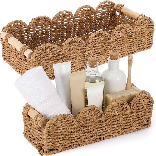 Beige Scalloped Edge Wicker Basket Set by [Brand Name] - 2 Pcs Toilet Paper Storage for Bathroom Decor