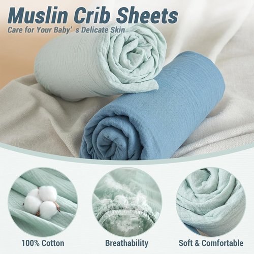 Bailix Heavyweight Muslin Baby Crib Sheets - 2-Pack 52"x28" Organic Cotton Fitted Sheets | Soft & Breathable (Blue, Light Green)