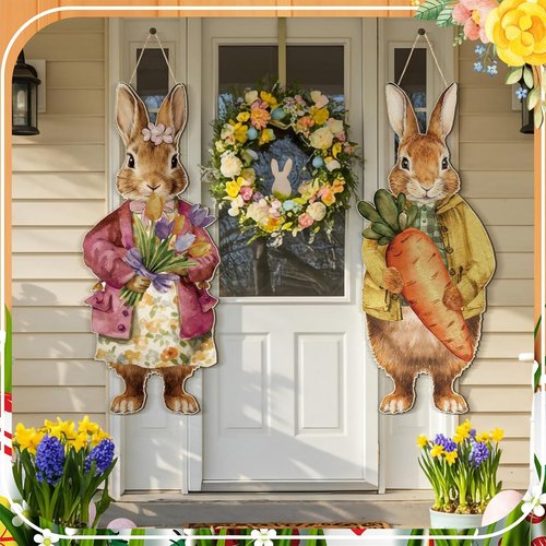 Anglechic Large Easter Bunny Door Sign - 12.1 x 29.3 Inch Wooden Decor with Floral Carrot | Farmhouse Style for Front Door