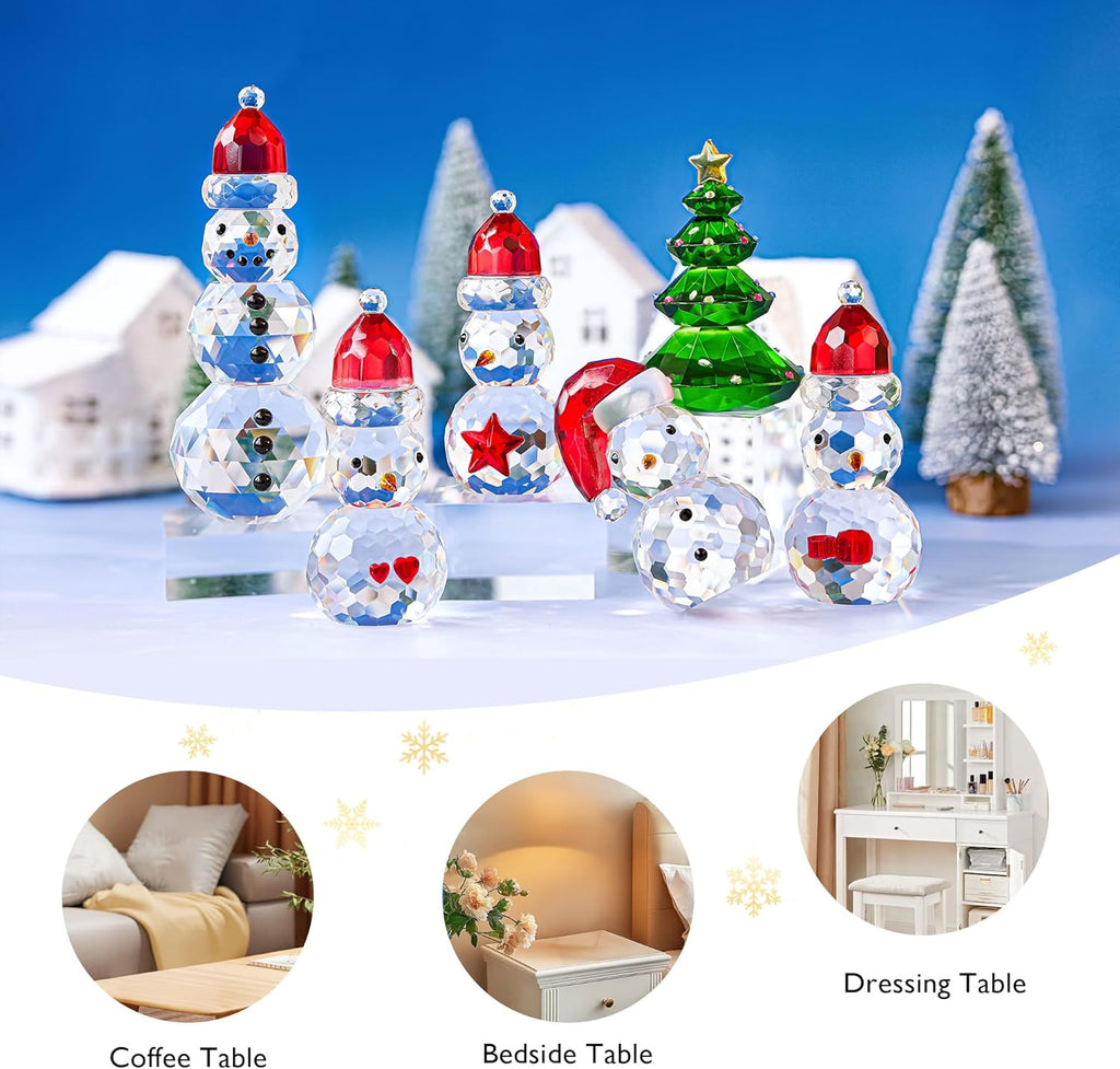 QFkris Crystal Snowman & Tree Figurines Set - Elegant Christmas Decor | Small Glass Paperweights