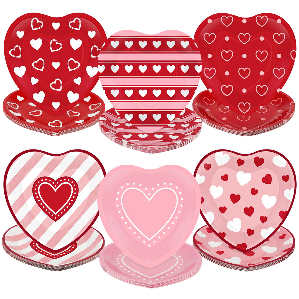 QZYL 48 PCS Valentines Plates, 9 IN Disposable Heart Shaped Plates, Red Pink Heart Design Heart Plates Valentines Paper Plate, Pink Dinnerware VD Party Supplies Wedding Table Decor