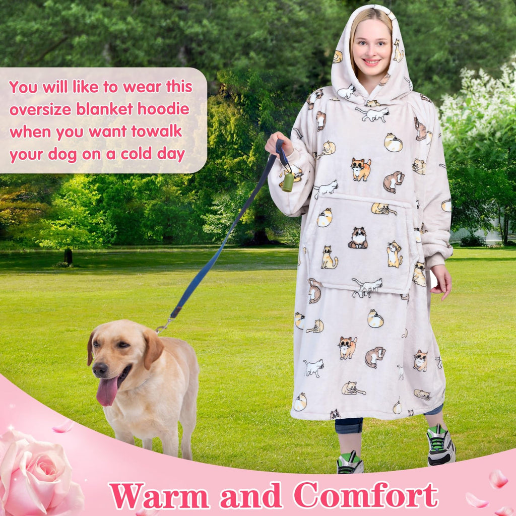 Waitu Wearable Blanket Sweatshirt Gifts for Women and Men, Warm and Cozy Giant Blanket Hoodie, Thick Flannel Blanket with Sleeves and Giant Pocket - Cat Gray