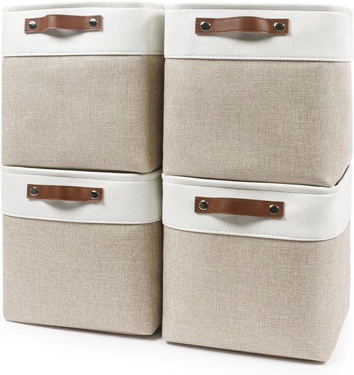 Bagnizer Collapsible Fabric Storage Cubes - 11x11 Storage Bins, 4-Pack for Organizing Toys & Clothes | Beige & White
