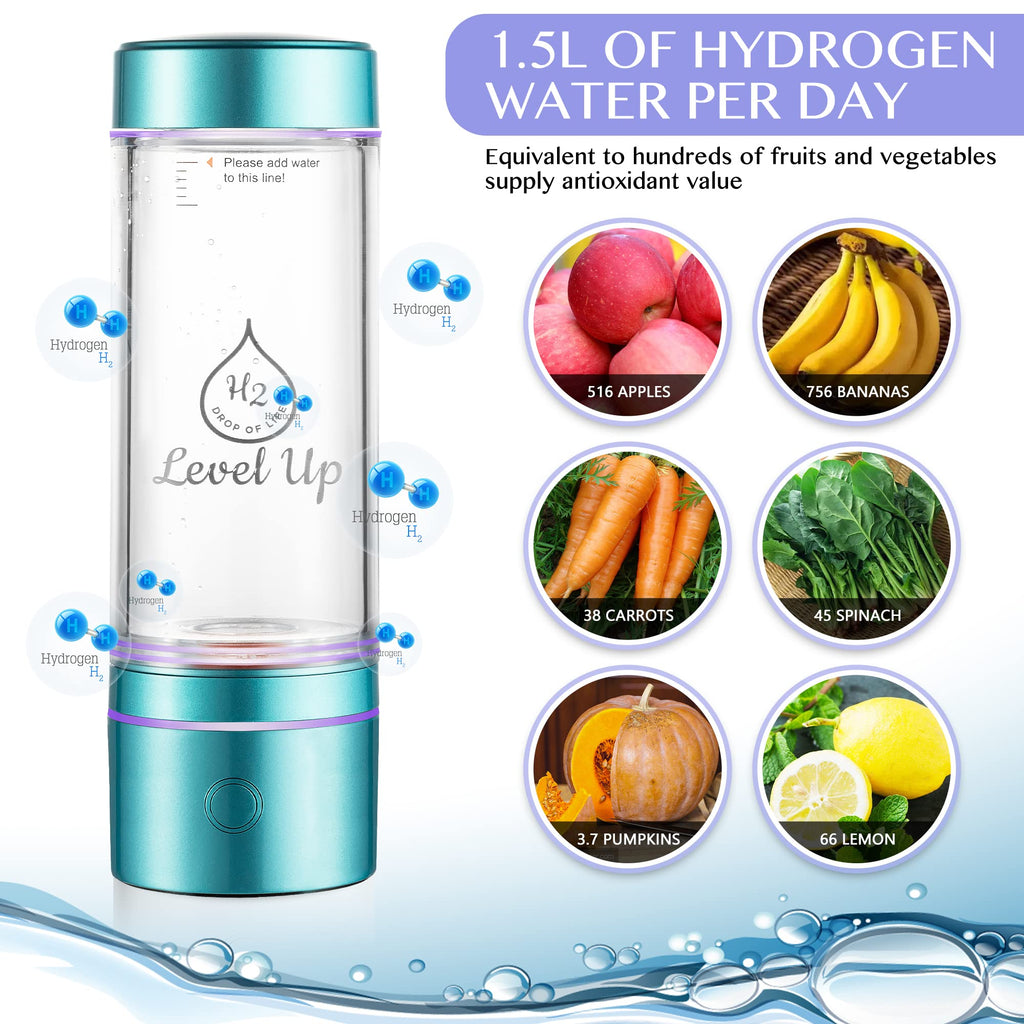 LevelUpWay - Improved Hydrogen Water Bottle Generator – Up to 4000 PPB Pure Hydrogen Water – Dual Chamber SPE PEM Technology – Blue – Enhanced Hydration Solution