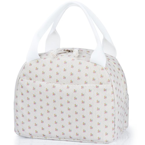 TESAFNG Lunch Bag - Insulated Lunch Box for Women, Reusable Large Capacity Cooler Bag for Adult, Small Leakproof Cute Corduroy Lunch Tote for Work Office Travel Picnic (Little Flower White)