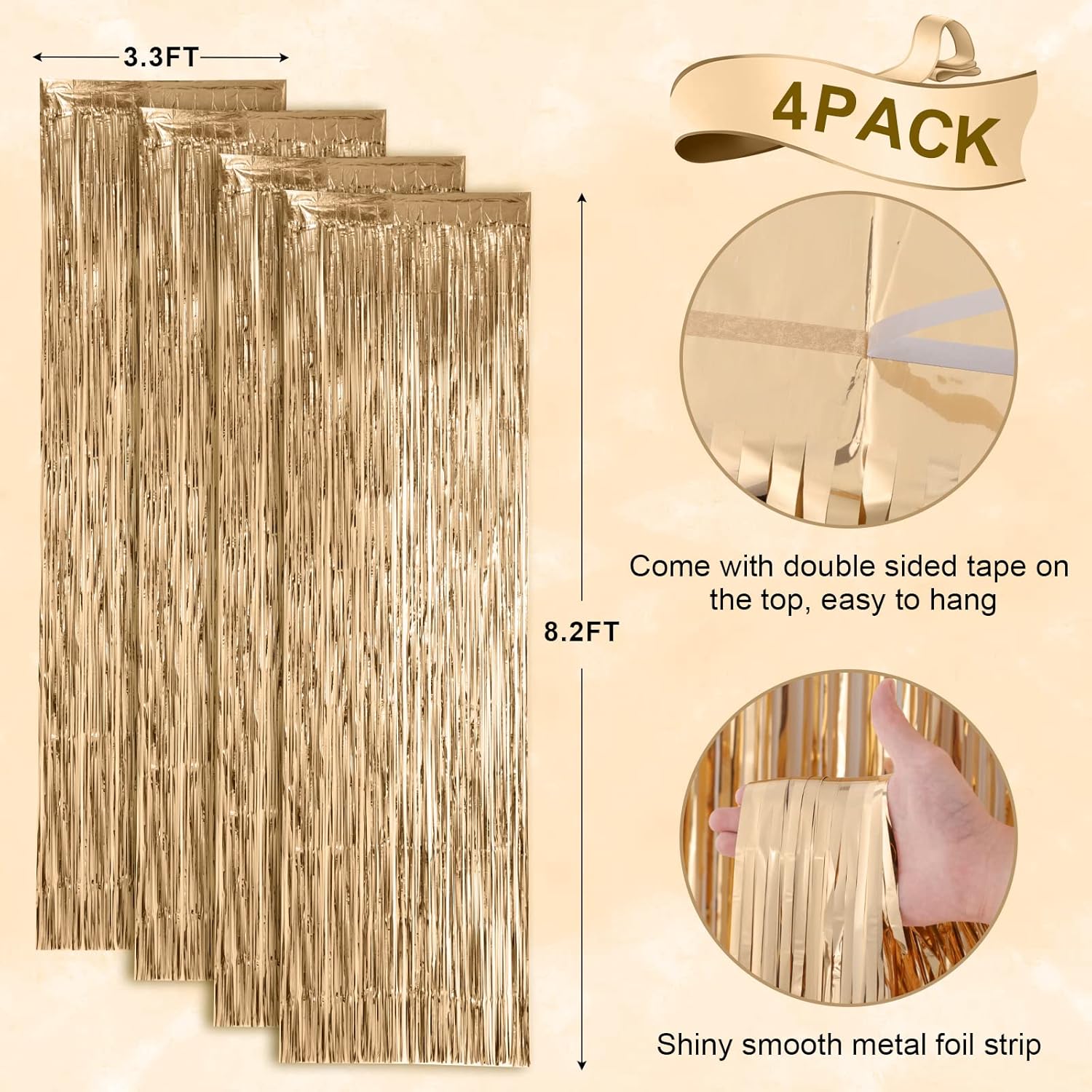 Voircoloria Champagne Foil Fringe Backdrop Curtains - 4 Pack Tinsel Streamers for Parties & Events