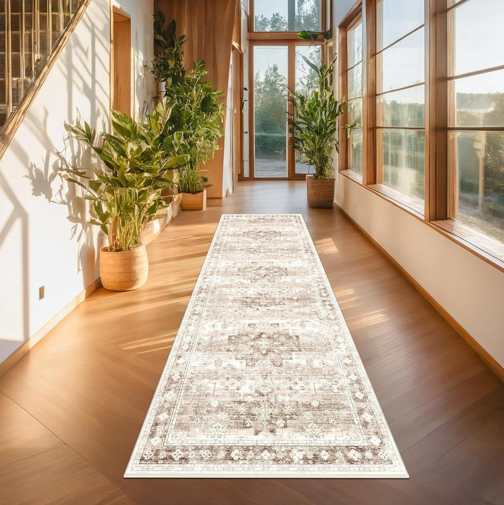 Beige Washable Runner Rug - Extra Long 2'6"x10' | Non-Slip Indoor Floor Mat for Hallways & Entryways