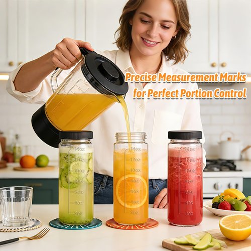 8 Pack 16oz Glass Juice Bottles with Lids - Juicing Bottles with Thickened Leakproof Caps & Custom Designs, High-Clarity Reusable Glass Bottles for Juicing, Smoothies, Kombucha and Iced Coffee