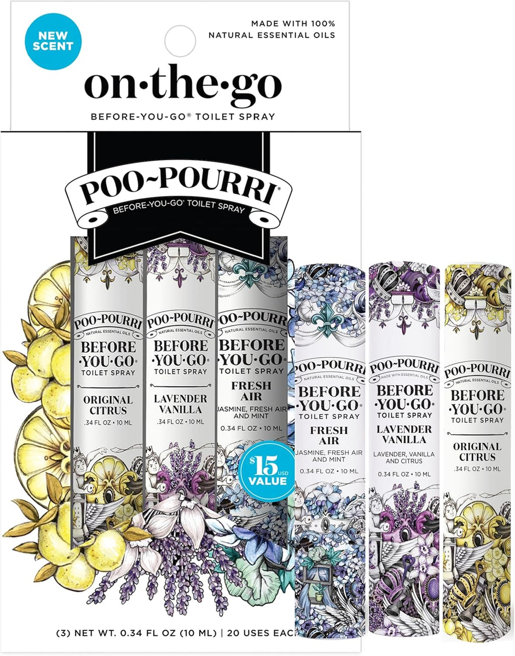 Poo-Pourri Before-You-Go Toilet Spray - Travel Essentials Variety Pack | 3 Scents, TSA Approved, 0.34 Fl Oz