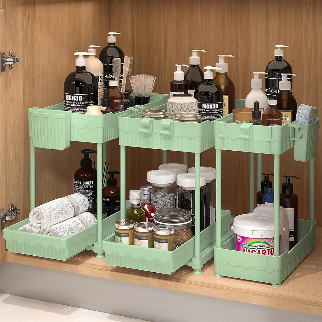 Sevenblue Under Sink Organizers - 2-Tier Kitchen & Bathroom Storage with Sliding Drawers | Green, 14.8 Inch