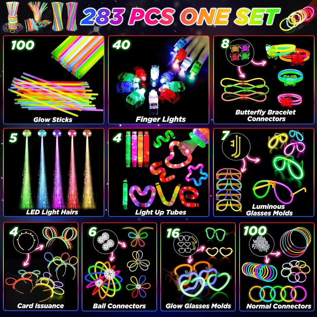 SHQDD Glow in the Dark Party Supplies - 100 LED Light Up Toys & 27 Carnival Accessories for Kids & Adults