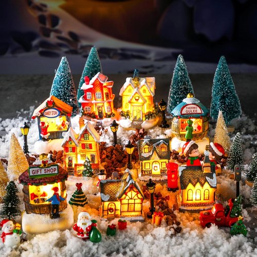 Kasyat Christmas Village Set - 58 Pcs Miniature Figurines & LED Houses for Winter Decor
