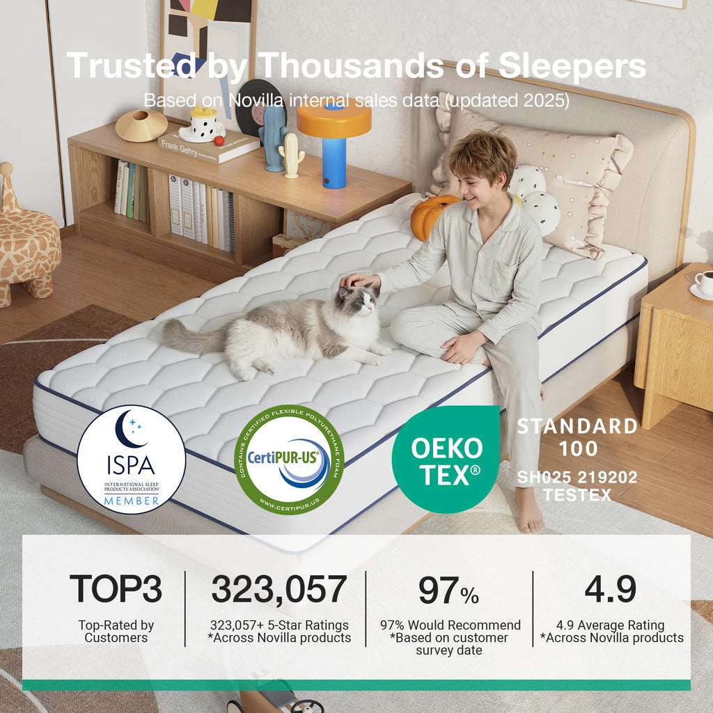 Novilla 6 Inch Twin Mattress,Bonnell Spring Hybrid Mattresses for Spine Support & Cooling Comfort - Twin Bed Mattress,Adaptive Foam Layer with Medium Firm- CertiPUR-US Certified for Youth/Guest Rooms