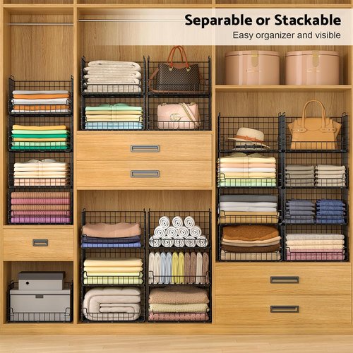 4-Tier Stackable Closet Organizers by [Brand Name] - Sturdy Metal Storage Bins for Space-Saving Wardrobe, Black