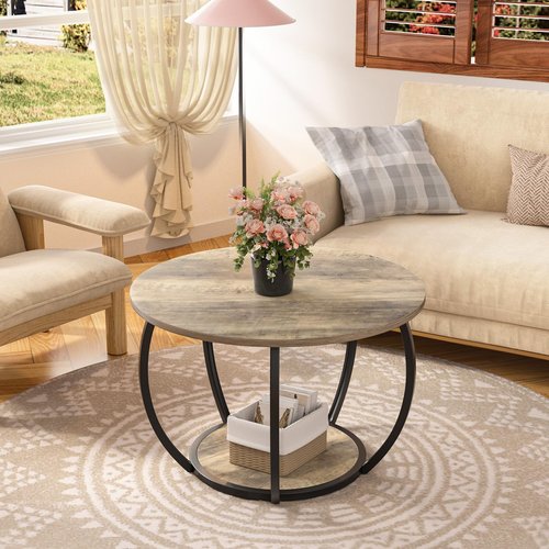 GreenForest Round Coffee Table with 2-Tier Open Storage, 27.6 inch Small Circle Coffee Tables with Adjustable Feet, Modern Mini Center Table for Small Living Room, Grey Wash