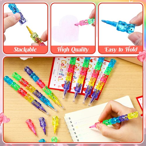 Noveread 24 Valentines Cards and Stacking Crayons 24 Pcs 5 Colors Panda Buildable Crayons 24 Pcs Valentines Greeting Cards for Prizes Goodie Bag Fillers Party Supplies