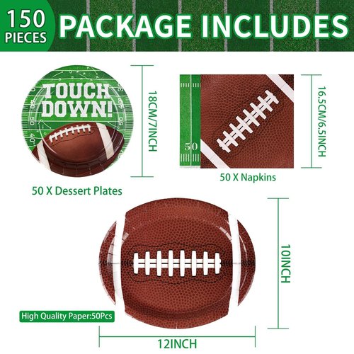 Grencian 150PCS Football Party Decorations Disposable Football Oval Paper Plates and Napkins Sports Theme Tableware Set for Sports Game Day Party Decor Birthday Party Supplies Serves 50