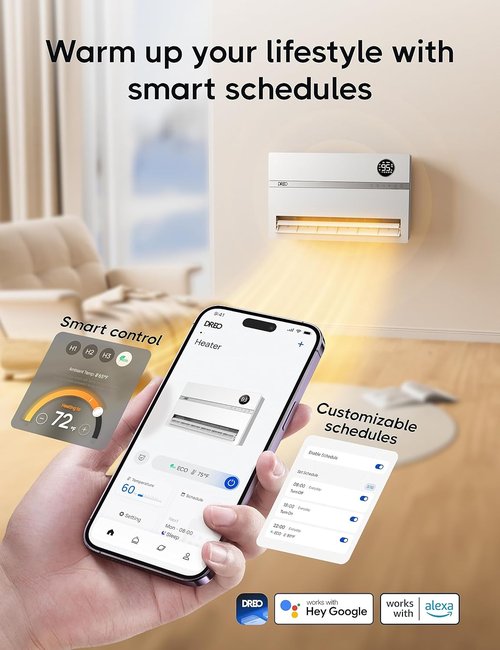Dreo Smart Wall Heater - 1500W Electric Space Heater with 120° Oscillation & Remote Control | Easy-Mount Indoor Use
