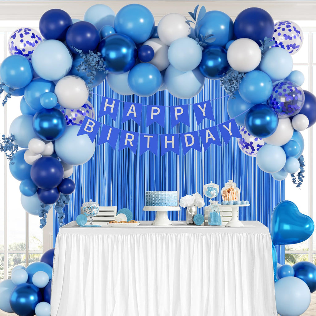 Blue Birthday Decorations for Women Men with Metallic Pastel Navy Blue Confetti White Foil Balloons Fringe Curtain Banner for 1st 15th 16th 18th 21st 25th Men Birthday Decorations