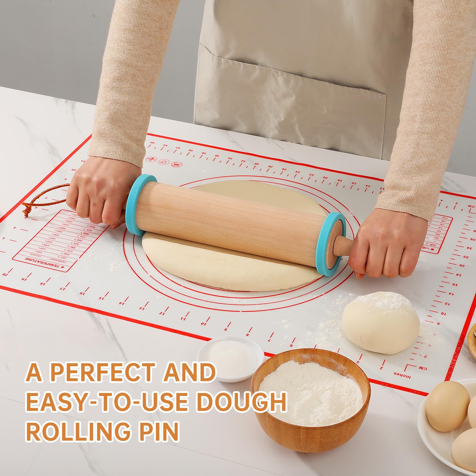 WitHlper 17" Professional Beechwood Rolling Pin for Baking – Ergonomic Handle, Heavy-Duty Dough Roller for Pizza, Pie Crust, Cookies, Pastry Tortillas – Smooth Wooden Rolling Pin with Comfort Grip