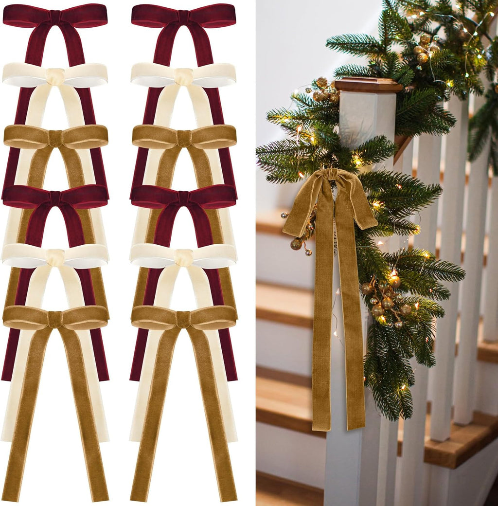 Skiennix 24 Pcs Velvet Bows - Vintage Ribbon Bows for Christmas Tree & Crafts | Burgundy, Khaki, Beige (9 x 13 Inch)