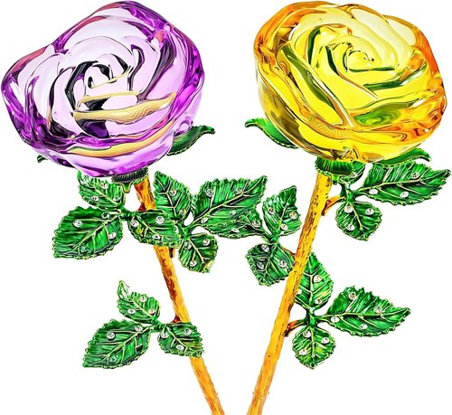 HDCRYSTALGIFTS Crystal Rose Flower Figurines - 9.5'' Purple & Yellow Glass with Green Leaves | Perfect Romantic Gifts for Her