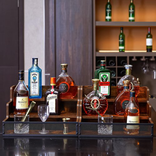 2 Pack 3 Step Countertop Liquor Bottle Display Shelf, Wood Bar Shelves 12 Bottles with Fences, Freestanding Storage Shelves for Liquor Whiskey Wine Coffee Syrup Display, Retro Wine Rack Home
