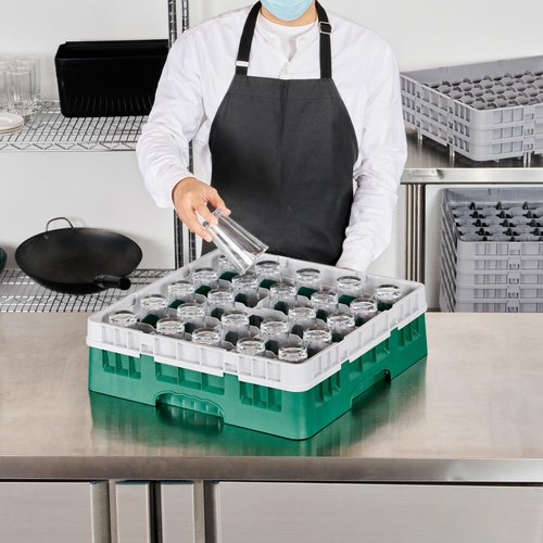 Restaurantware Clean Tek Professional 25 Compartment Glass Rack, 1 Heavy Duty Durable Tray, With 1 Full Drop Extender, Green Glass Holder For Restaurants, Bars, Pubs, Cafeterias, and Home Kitchens