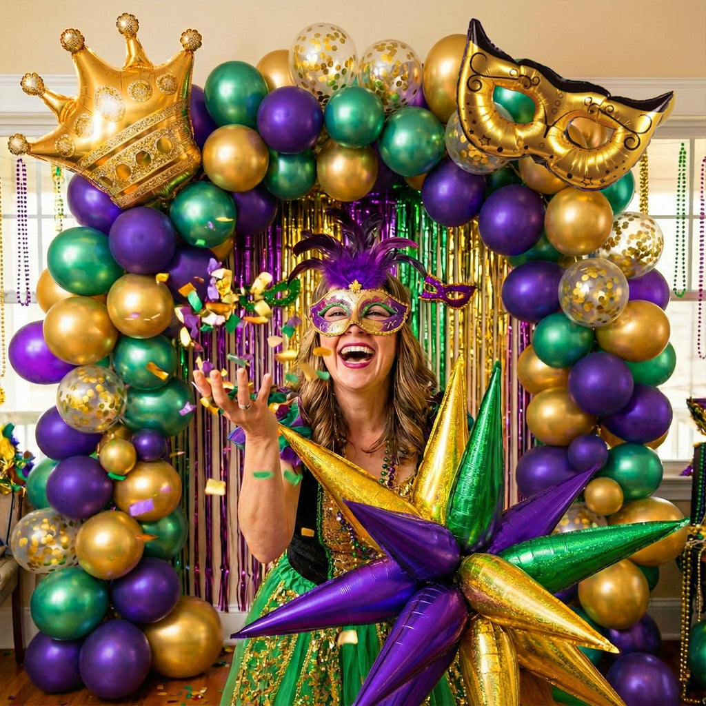Mardi balloon garland arch kit Purple Emerald green gold with Crown and Mask star mylar Balloons for Grand Fat Tuesday Party Decorations for Gorgeous Funny Festive Vibe