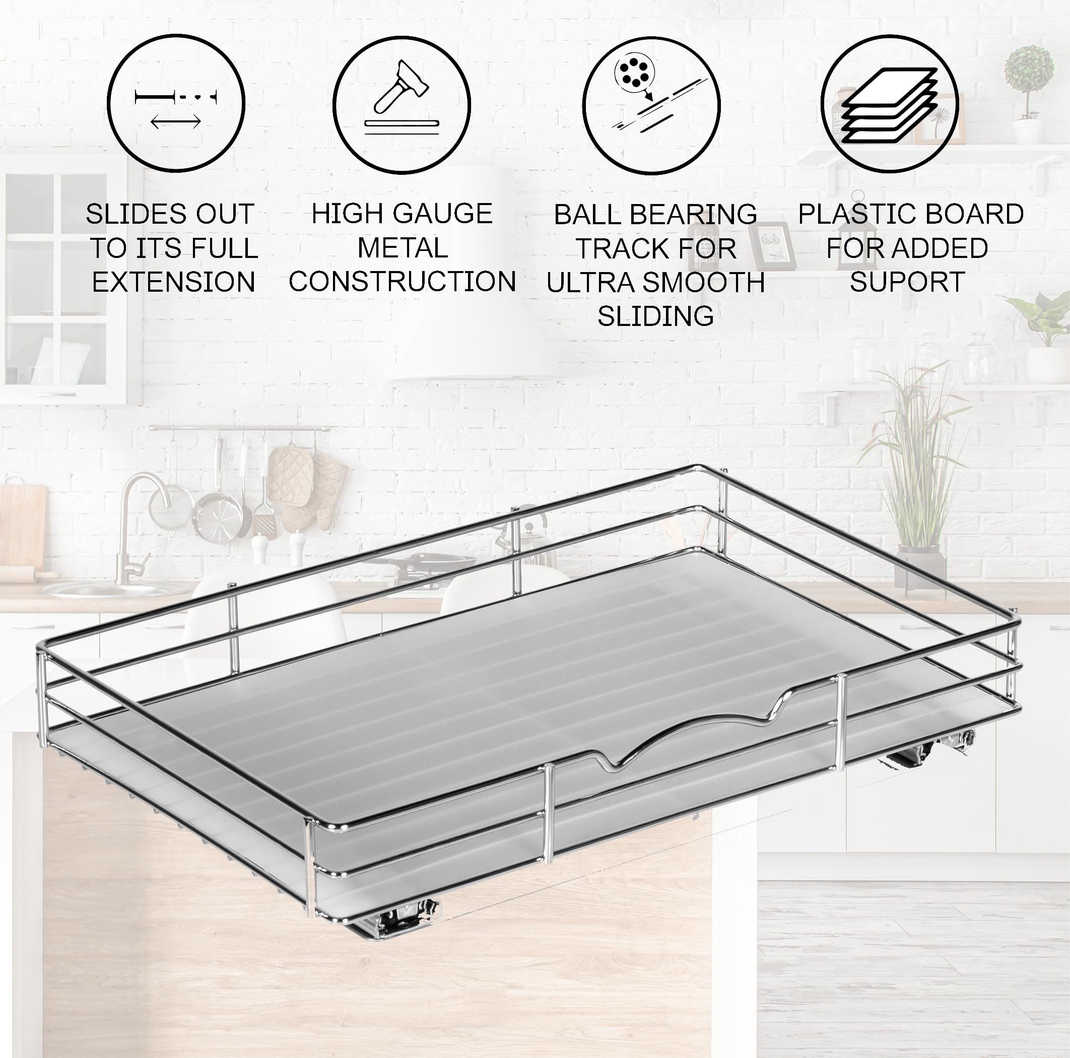 Pull-Out Cabinet Spice Rack Organizer - Slim Slide-Out Storage for Spices, Bottles & Jars, Premium Heavy-Duty Steel, Easy Install for Narrow Kitchen Cabinet - 16 ⅜ W x 10 ½ D x 2 ¾ H, Chrome
