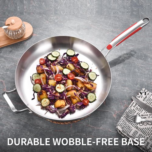 Inqibee 14-Inch Tri-Ply Stainless Steel Large Skillet with Lid,Large Frying Pan with Helper Handle,Jumbo Cooker,Induction Pan,Heavy Duty and Dishwasher Safe