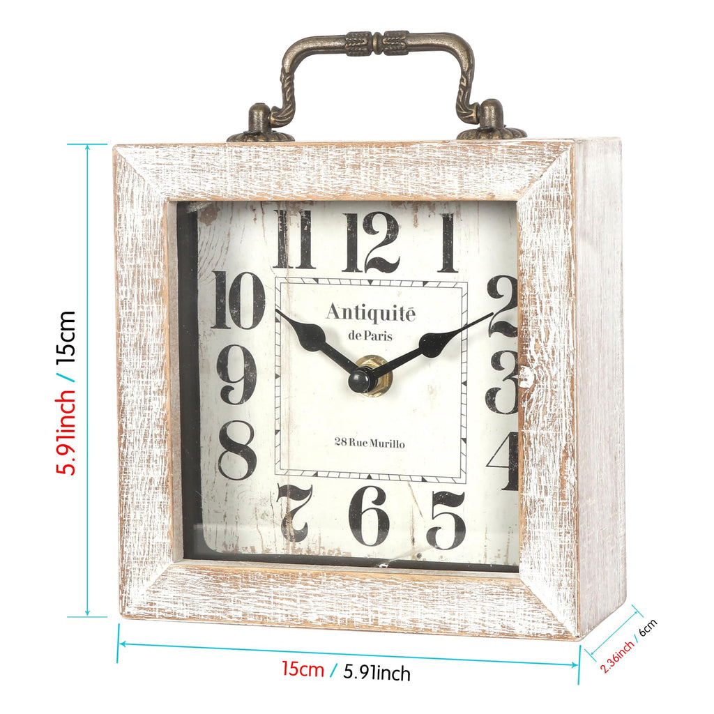 BITALYE Retro Desk Clock, White Vintage Wooden Table Clock,