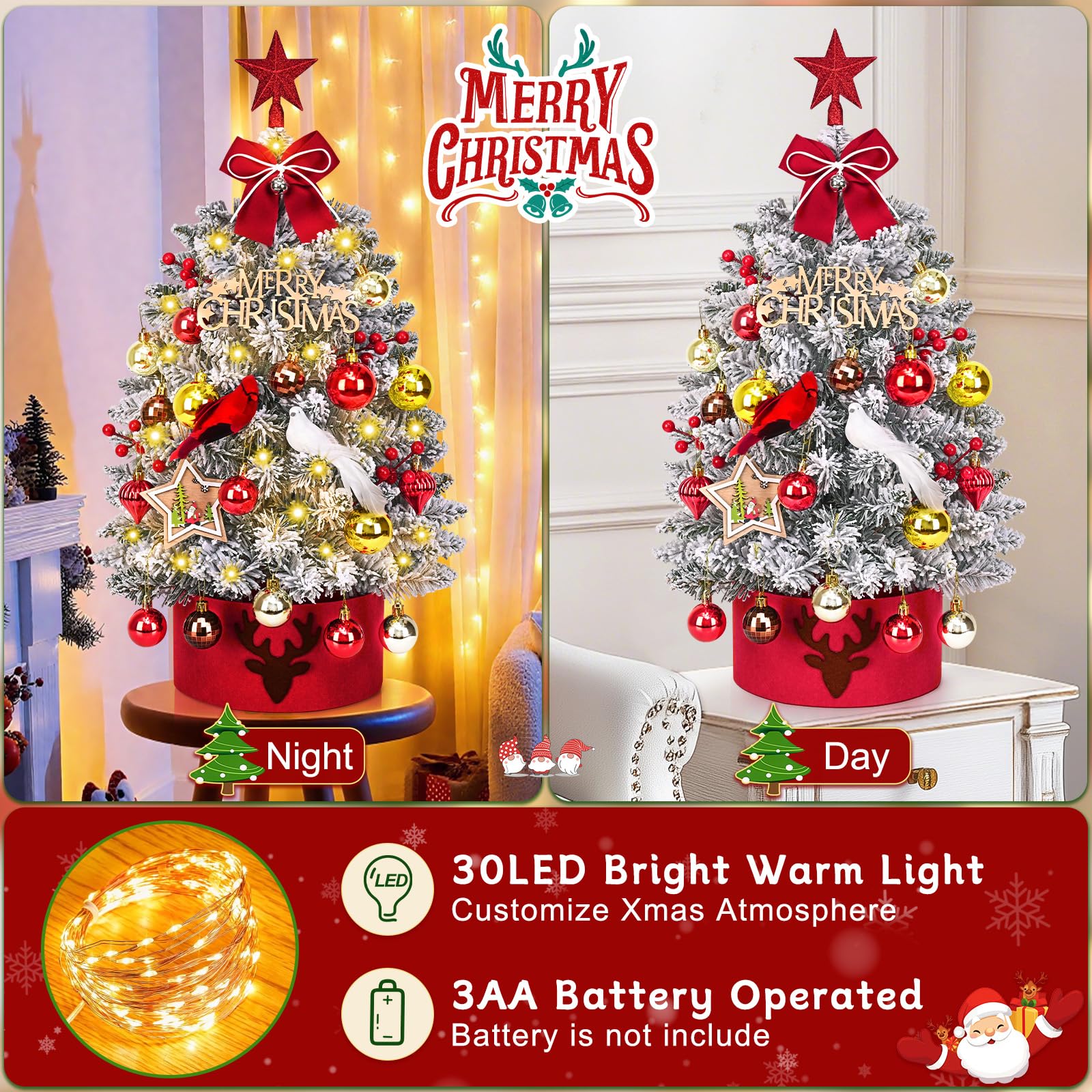 MARTINE MALL 2FT Small Christmas Tree with 30 LED Lights, Snowy Flocked Mini Christmas Tree Artificial Tabletop Xmas Trees with Cardinal Birds Red Bow Star Hanging Ornaments for Table Desk Small Space