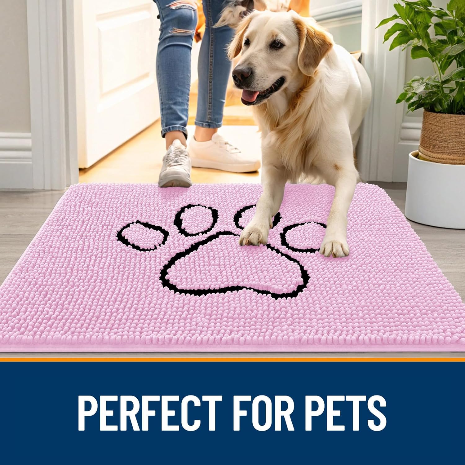 OLANLY Dog Door Mat - Absorbent Non-Slip Mud Mat for Paws | 36x24 Pink Chenille Design