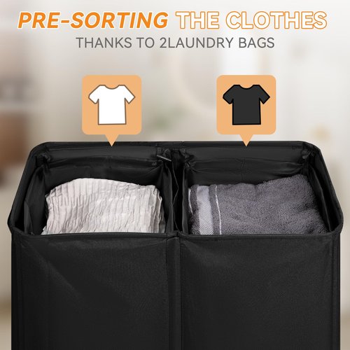 Chrislley 140L Laundry Hamper 2 Section, Double Laundry Basket with Lid, Large Dirty Clothes Hamper with Removable Liner Bags, Collapsible Laundry Organizer for Bedroom, Dorm,Black