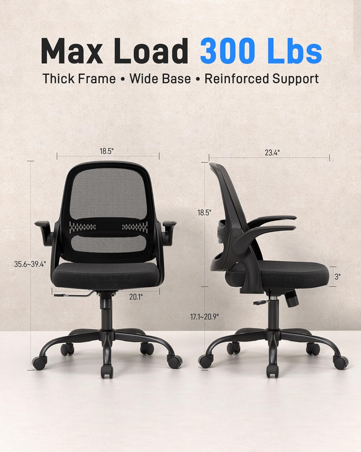 Skiennix Ergonomic Mesh Office Chair - Breathable Back, Flip-Up Arms & Thick Cushion | Supports 300 lbs (Black)