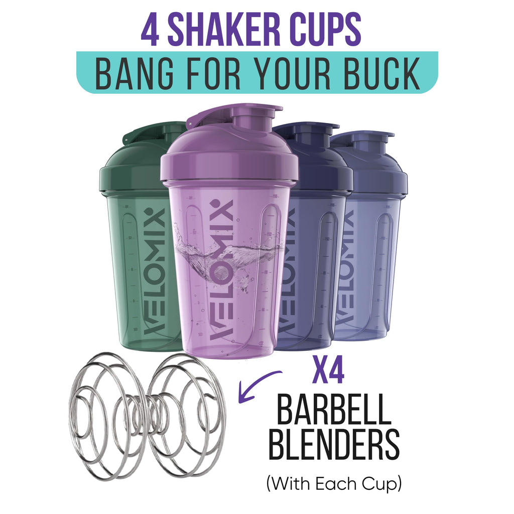 VELOMIX -4 PACK- 20 oz Protein Shaker Bottle for Protein Mixes - 4x Wire Whisk | Leak Proof Shaker Cups for Protein Shakes | Stackable Protein Shaker Bottle Pack | Dishwasher Safe (Blue Mirage)