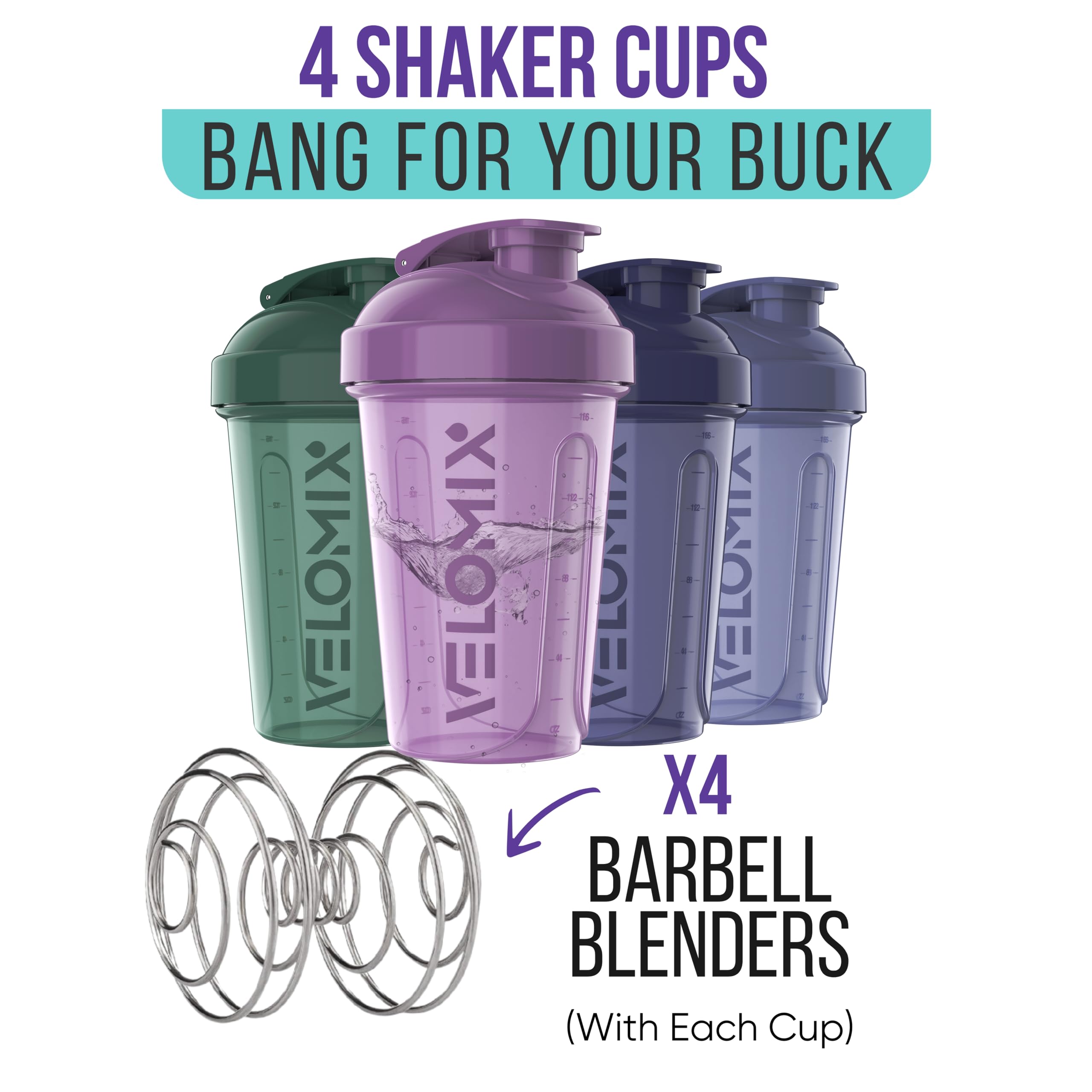 VELOMIX -4 PACK- 20 oz Protein Shaker Bottle for Protein Mixes - 4x Wire Whisk | Leak Proof Shaker Cups for Protein Shakes | Stackable Protein Shaker Bottle Pack | Dishwasher Safe (Blue Mirage)