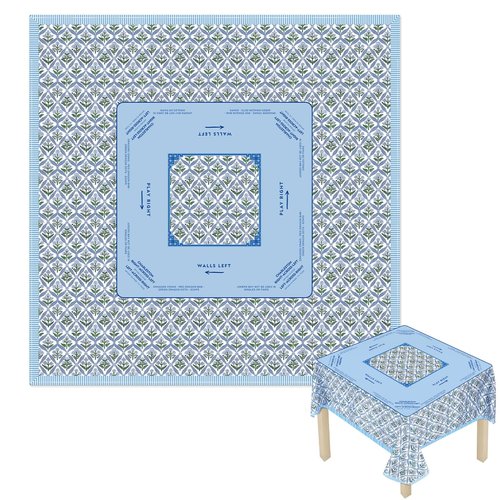 Hillsuren Mahjong Tablecloth 55" x 55" Polyester Blue Block Print Floral Flower Square Instructional Design with Rules for Family Game Night Party Favor Supplies