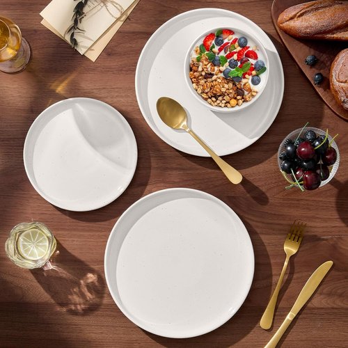 E-far 12-Piece Stoneware Dinnerware Set - Chip & Scratch Resistant, Microwave & Dishwasher Safe, Speckled White for 4
