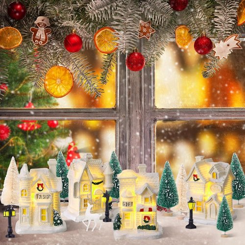 Kasyat Winter Village Set - 50 Pcs LED Lighted White Houses & Mini Trees for Christmas Decor