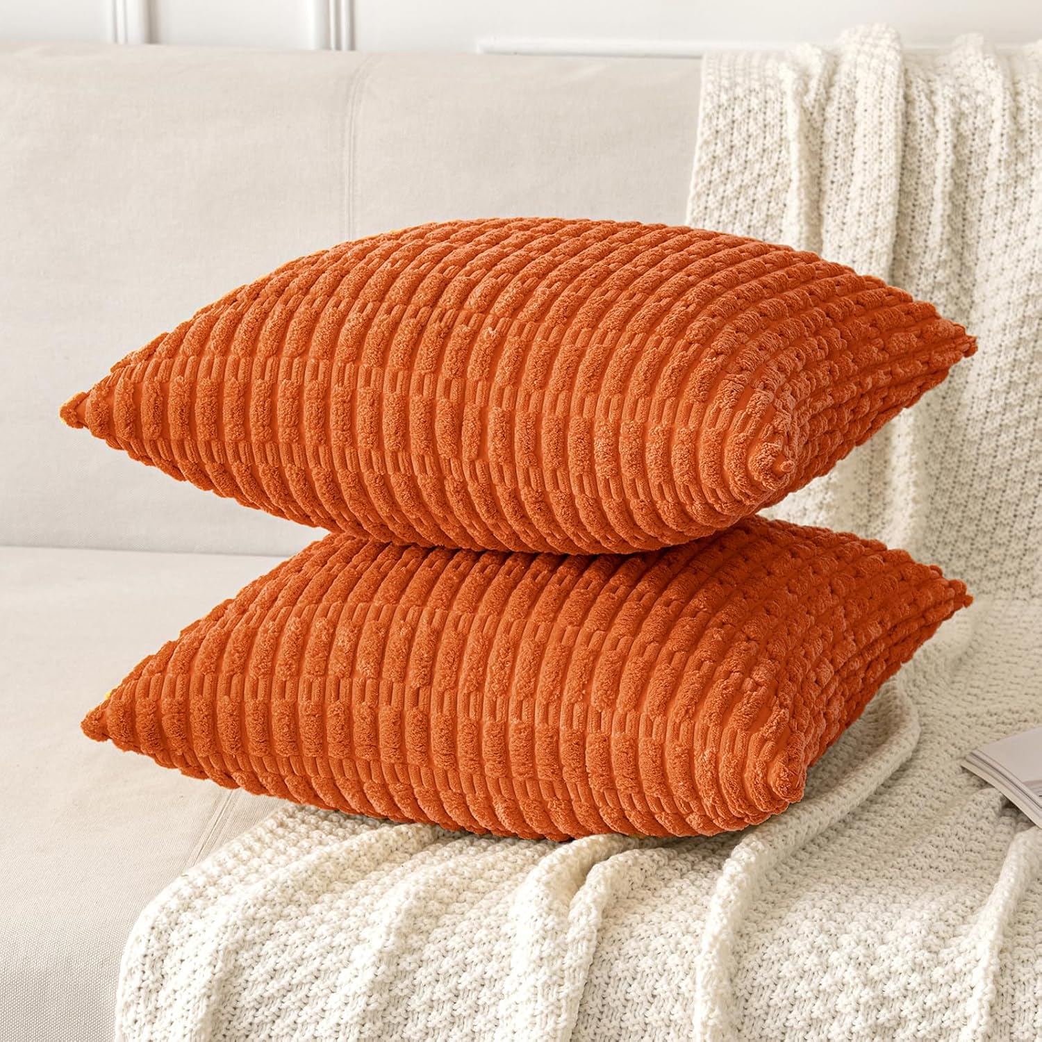 MIULEE Decorative Pillow Covers - Soft Orange Corduroy | Pack of 2, 18x18 Inch, Boho Striped Design for Home Decor