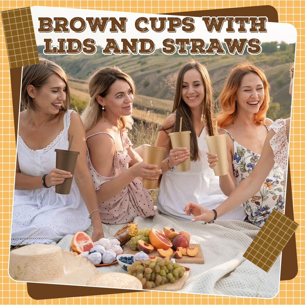 Skylety 12 Pcs Brown Plastic Cups with Lids and Straws 24 oz Reusable Tumbler Large Travel Mug Cup Coffee Beverage Drinks Party Supplies for Wedding Bridal Baby Shower Birthday
