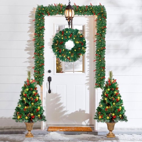 Juegoal Christmas Decorations - 4-Piece Pre-Lit Artificial Entrance Trees Set with Wreath & Garlands | 8 Lighting Modes & Timer for Home Entryway Decor