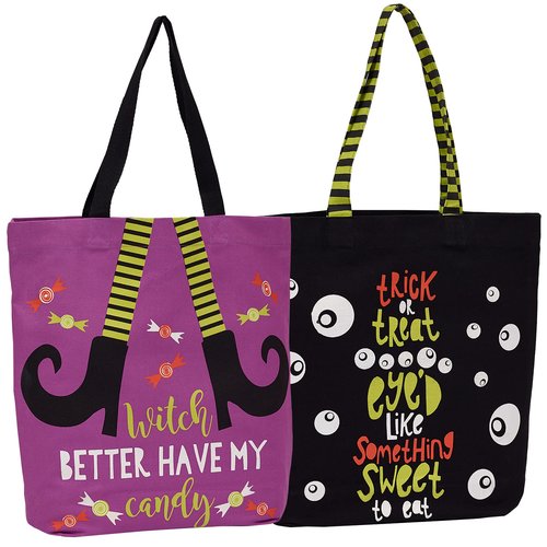 DII Reusable Halloween Tote Bags for Trick or Treat or Grocery Shopping, Machine Washable Cotton Gift Set of 2, 15x15.5, Witch Candy