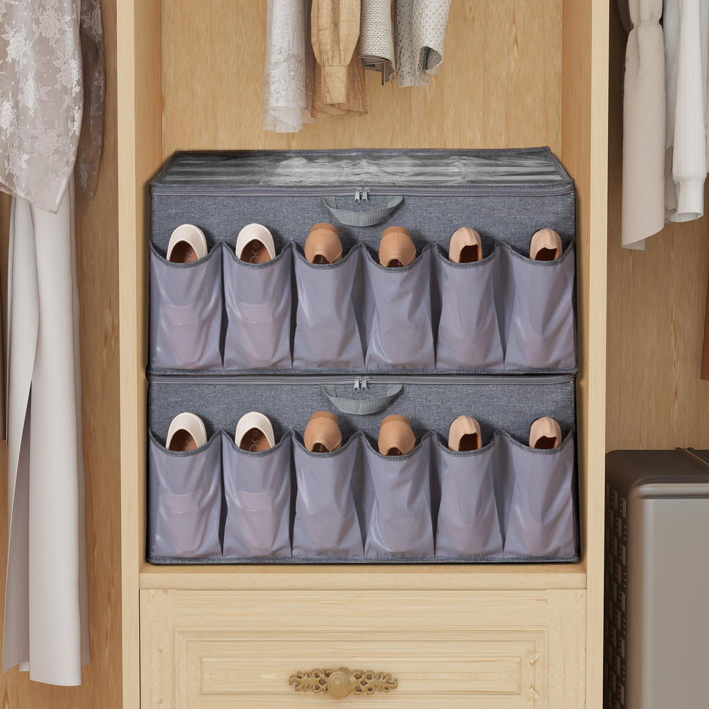 STORAGEIDEAS Shoe Organizer for Closet, Shoe Storage Solution with Clear Cover & Adjustable Dividers, Fabric Shoe Box Fits 16 +12 Pairs Shoes, Grey, 1-Pack