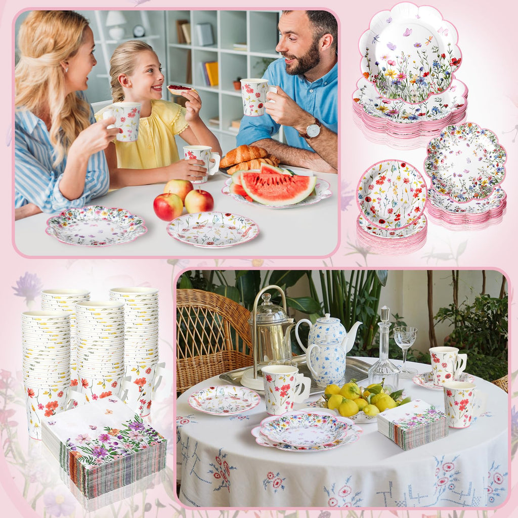 Pickmesh 252 Pcs Floral Tea Party Supplies for 36 Guests Wildflower Paper Disposable Dinnerware Floral Teacups with Handle and Saucers Sets for Tea Party Decorations Birthday Baby Shower Wedding