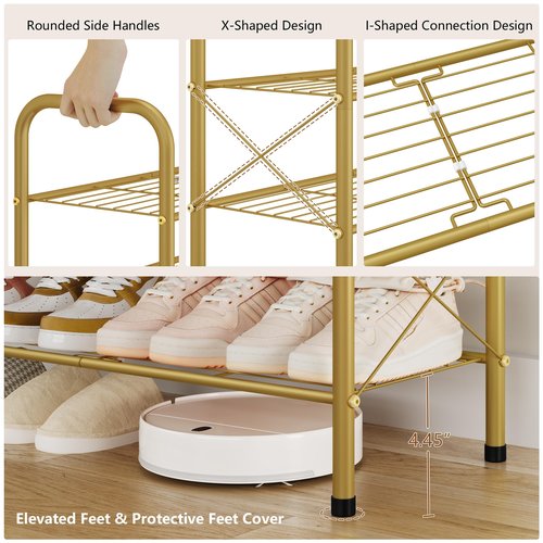 Hoctieon 3 Tier Mesh Style Shoe Rack, Entryway Shoe Shelf, Shoe Storage Organizer, Shoe Rack for Closet, Space Save for Bathroom, Garage, Hallway, Bedroom, Living Room, Gold