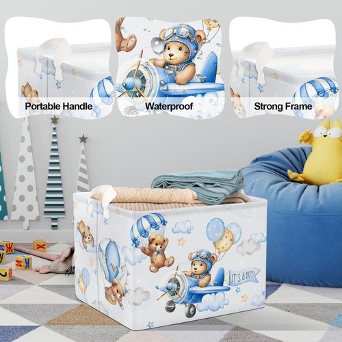 Clastyle 36L Large Blue Bear Pilot Hot Air Balloon Shelf Basket with Handle Collapsible Rectangle Toy Clothes Storage Basket for Kid Room Nursery, 40 * 30 * 30 cm